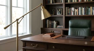Brushed brass reading floor lamp with an adjustable swing arm positioned next to a dark wood executive desk in a home office.