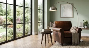 Brushed nickel adjustable arc floor lamp providing overhead task light for a leather reading chair