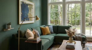Brushed nickel pharmacy style floor lamp neatly placed behind a classic tufted couch