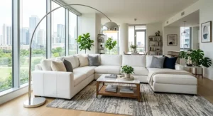 Polished chrome arch floor lamp lighting up a white L-shaped sectional in an open concept layout