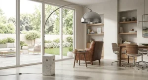 Polished chrome arc floor lamp featuring a sturdy rectangular marble base