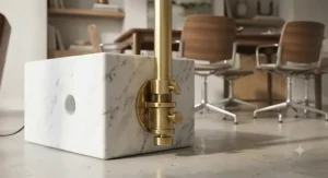Close-up detail of a heavy solid marble base anchoring an adjustable metal arc lamp arm