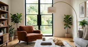 A minimalist tall floor lamp positioned in the corner of a small living room to maximize space and ambient light.