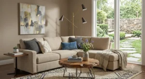 Traditional bronze floor lamp with fabric shade standing behind a beige couch in a cozy living room