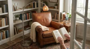 Cozy reading nook featuring a warm adjustable arc floor lamp standing next to a leather armchair