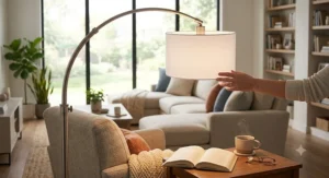 Adjustable arc floor lamp equipped with a dimmable LED bulb illuminating a cozy living space