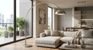 Sleek dimmable LED arc floor lamp casting soft ambient illumination in an open-concept apartment