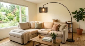 Dimmable LED arc floor lamp casting warm overhead light over a cozy beige sectional sofa