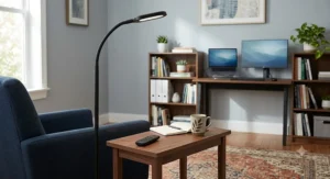 Dimmable LED floor lamp with a remote control sitting on a side table in a home office.