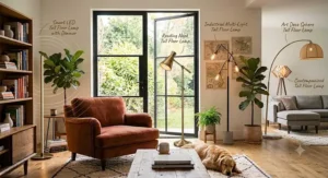 A tall floor lamp for living room spaces showing adjustable dimming levels from bright white to warm amber light.