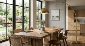 Tall gold arc floor lamp extending overhead to light a wooden dining room table