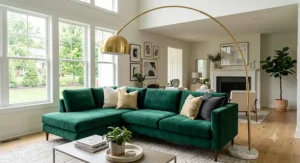 Gold arc floor lamp with a sturdy marble base extending over an emerald green velvet sectional