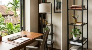 Sleek home office floor lamp with shelves organizing journals, writing utensils, and a small desktop plant next to a writing desk.