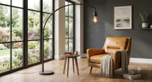 Industrial dark bronze arc floor lamp with a vintage Edison bulb next to an accent armchair