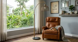 Industrial-inspired gold arc floor lamp positioned next to a cognac leather recliner.