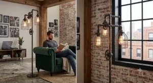 Industrial style LED floor lamps with Edison-style bulbs in an urban loft apartment.