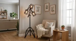 Industrial style black metal corner floor lamp in an urban loft living room setting.