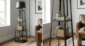 Industrial matte black metal floor lamp with shelves showcasing minimalist home decor and a small storage basket.