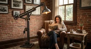 Industrial design reading floor lamp with adjustable mechanical joints providing task lighting next to a brick wall in a den.