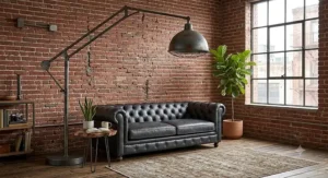 Industrial style large arc floor lamp with a dome metal shade against an exposed brick wall