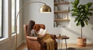 Sleek large arc floor lamp providing warm task lighting over a cognac leather reading chair