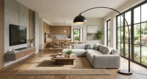 Large overhanging arc floor lamp anchoring a spacious open-plan living and lounge layout