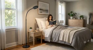 Sleek LED reading floor lamp with adjustable brightness settings illuminating a bedside setup with a neutral color palette.