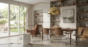 Dimension diagram showing height and overhang measurements of a marble base arc floor lamp