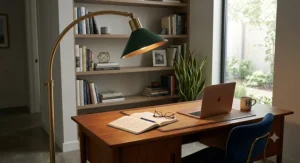 Mid-century modern adjustable arc floor lamp shedding targeted task light over a home office desk