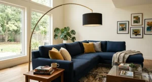 Mid-century modern arc floor lamp positioned behind a navy blue sectional sofa for ambient reading light