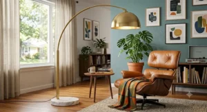 Mid-century modern gold arc floor lamp featuring a heavy white marble base for stability.