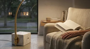 Minimalist marble base arc lamp casting a warm light over a cozy reading nook