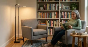 Minimalist black LED floor lamps providing warm accent lighting in a cozy reading nook.