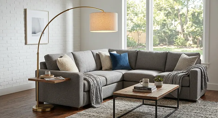 Modern brass arc floor lamp arching over a gray sectional couch in a bright living room