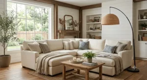 Modern farmhouse living room featuring a tall arc floor lamp curving over a cream fabric sectional
