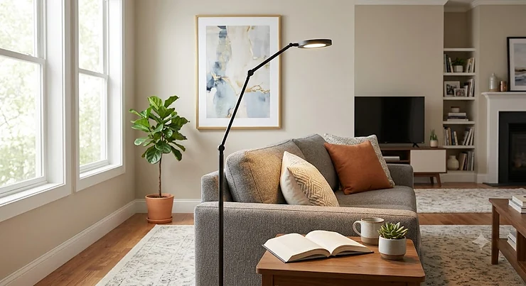 Modern LED floor lamps illuminating a contemporary American living room next to a sofa.