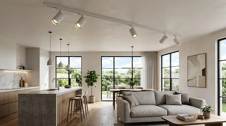 Flush ceiling mounted spotlights illuminating a minimalist living room with a neutral-colored sofa.