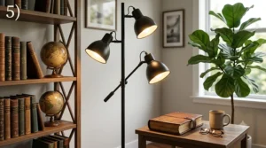 A multi-bulb tree floor lamp providing adjustable multi-directional lighting in a mid-century modern living room.