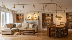 Open concept living room and dining space utilizing flexible track lighting ideas to create distinct functional zones.