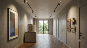 Energy efficient recessed LED ceiling mounted spotlights installed on a white plaster ceiling.
