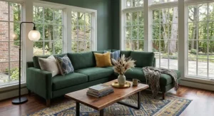 Rustic farmhouse wooden floor lamp with linen shade standing directly behind a linen couch