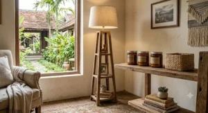 Rustic farmhouse style distressed wood floor lamp with shelves decorated with scented glass candles and a small woven basket.