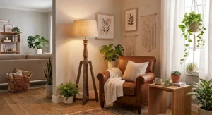 Rustic wooden corner floor lamp with a beige shade in a cozy farmhouse-themed living room.