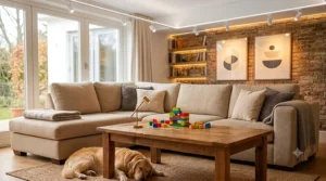 Small apartment living room maximizing space with bright white ceiling track lighting ideas to make the room feel larger.