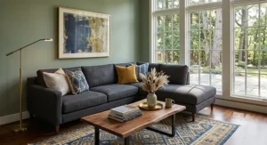 Color-changing smart LED floor lamp placed behind a couch for ambient home theater lighting