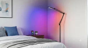 Smart LED floor lamp casting vibrant color-changing RGB lights against a bedroom wall.