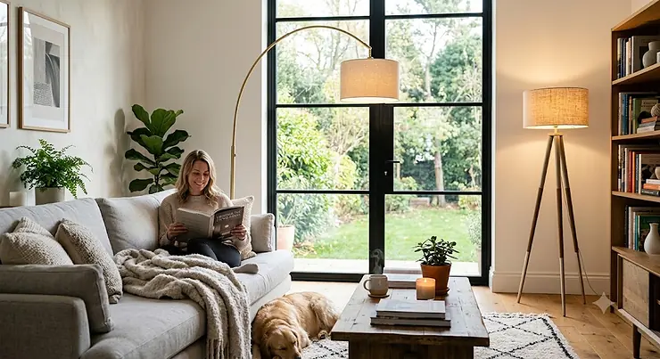 A modern living room featuring tall floor lamps next to a stylish fabric sofa, illuminating a cozy reading nook.