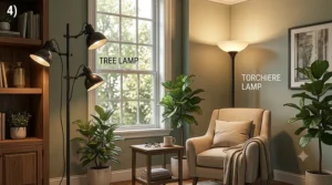 A modern torchiere floor lamp casting upward ambient light to brighten a dark living room corner.