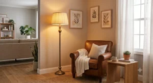 Traditional antique brass corner floor lamp standing beside a comfortable leather reading chair.