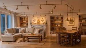 Transitional living room setup featuring a dimmable track lighting system to easily adjust light levels from day to night.